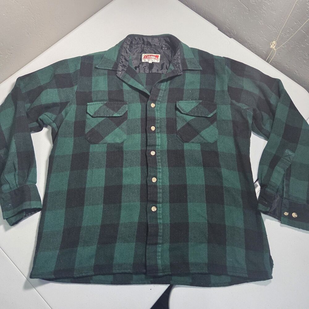 Vintage Coleman Flannel Shirt Mens L Green Black Buffalo Plaid Quilted Shacket